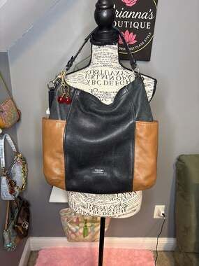 Coach Park Colorblock Leather Hobo Shoulder Bag Black & Saddle F31304